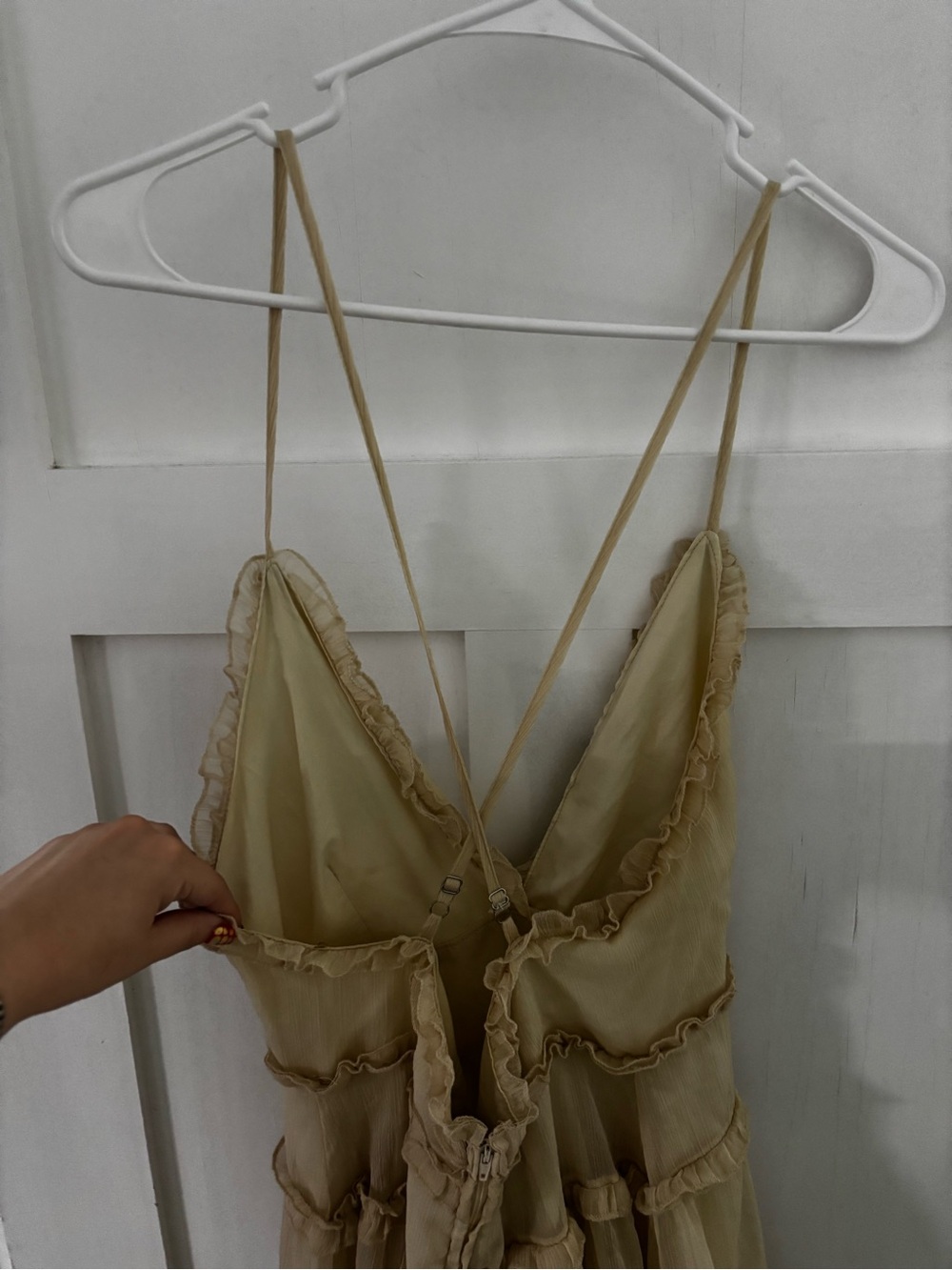 Sheer Ruffled Spaghetti Strap Dress - Beige - Picture 2 of 4